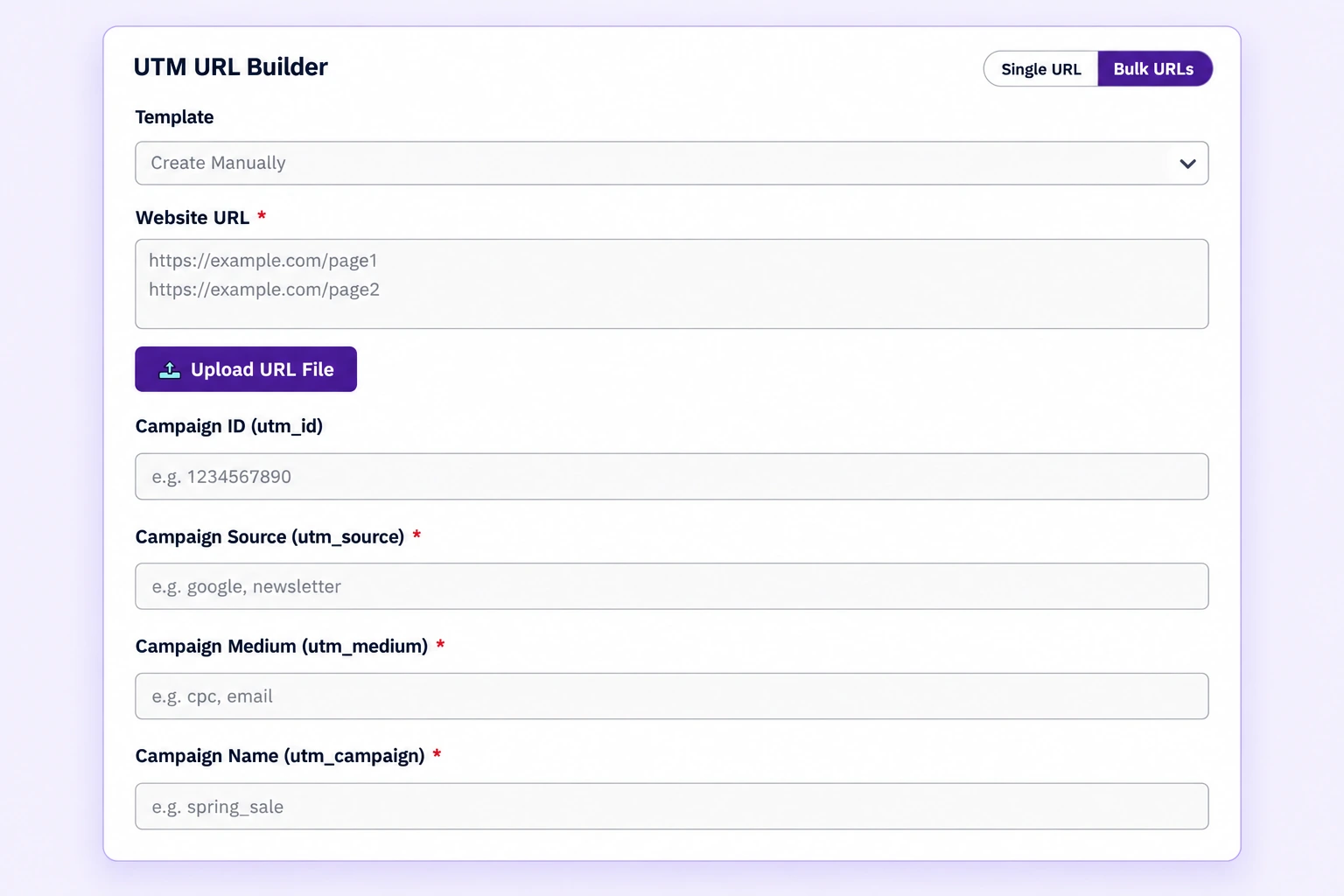 Supplied bulk campaign builder image with multiple destination URLs, file upload, and campaign parameters.