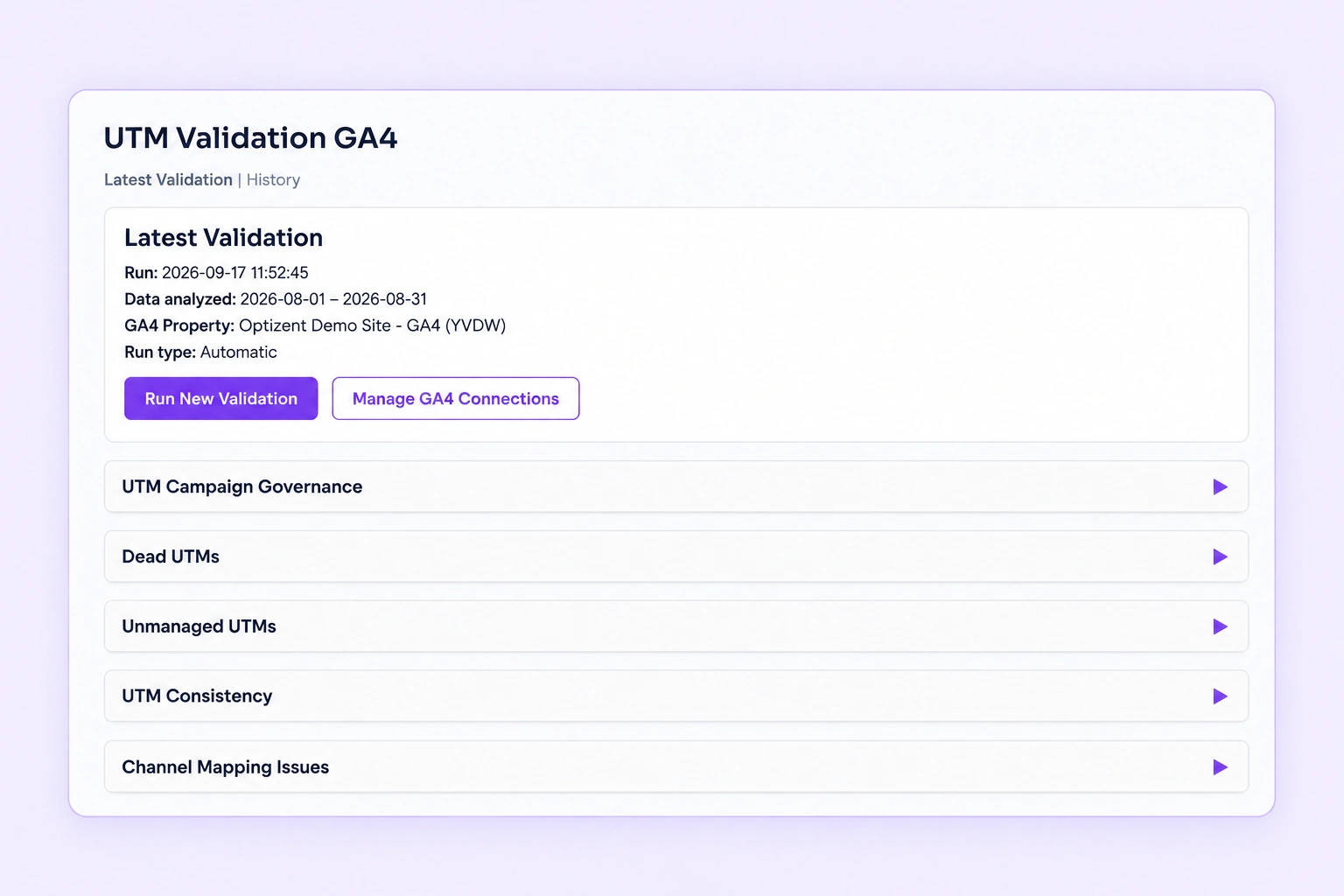 Supplied GA4 validation overview for the Optizent demo property, with validation run details and collapsed validation categories.